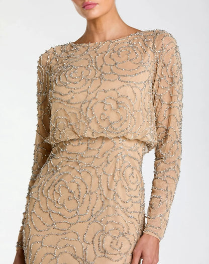 Beige Long Sleeve Beaded Blouson Gown