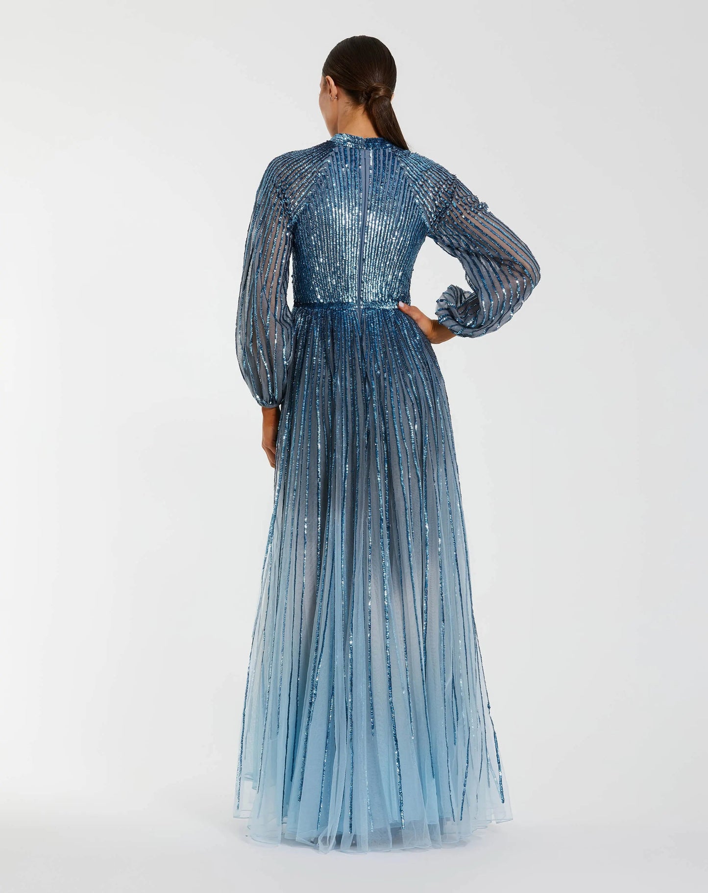 Blue Ombré Sequin Long Sleeve A-Line Gown