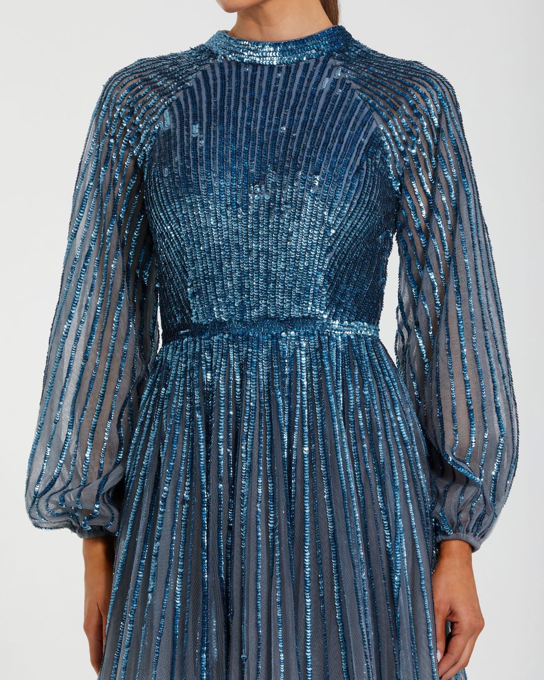Blue Ombré Sequin Long Sleeve A-Line Gown