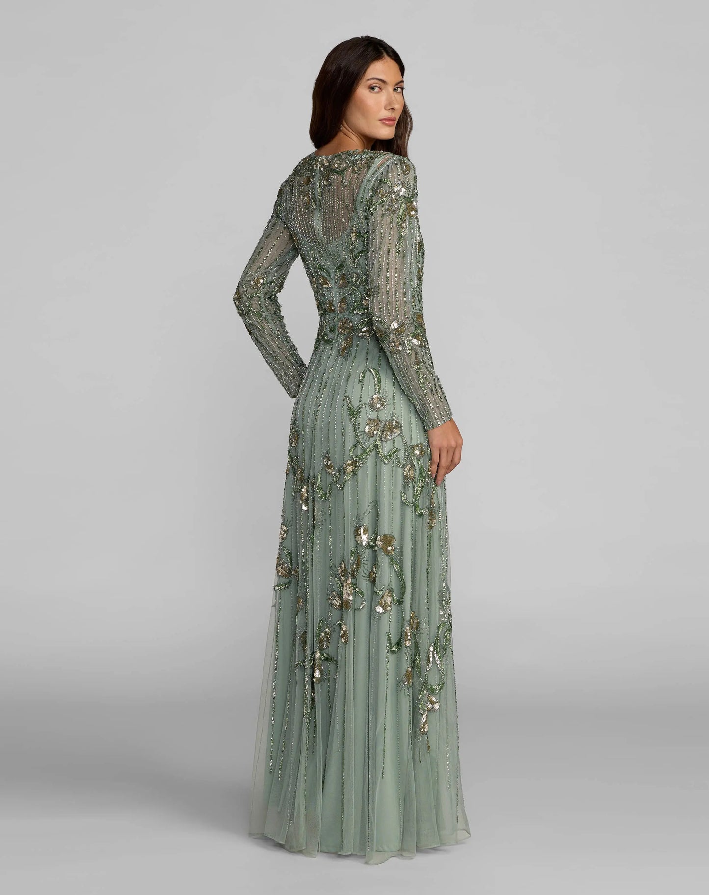 Green Beaded Long Sleeve A Line Gown