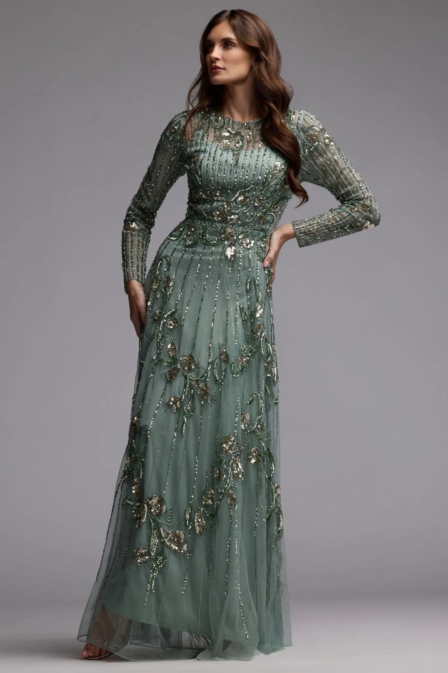 Green Beaded Long Sleeve A Line Gown