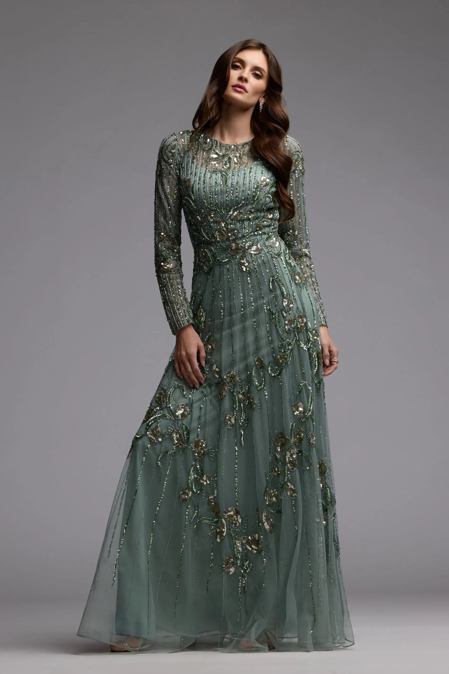 Green Beaded Long Sleeve A Line Gown