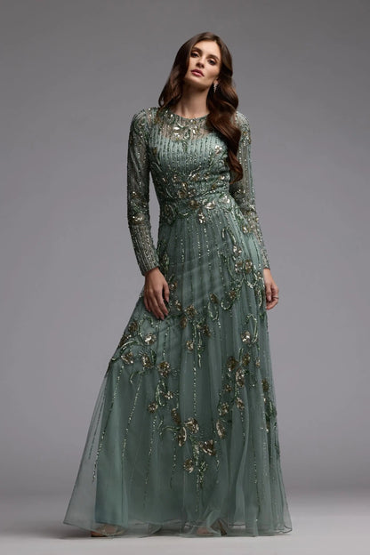 Green Beaded Long Sleeve A Line Gown