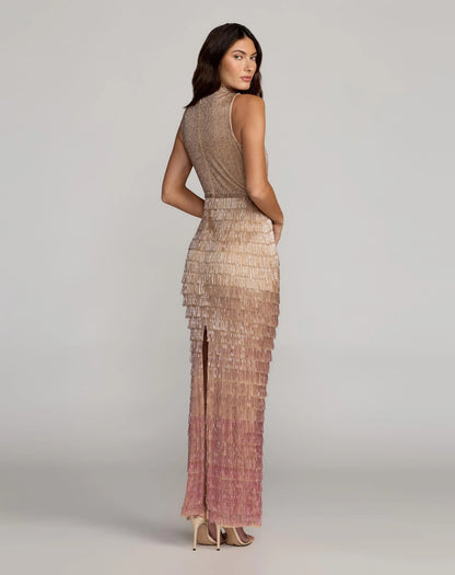 Beige Mock Neck Sleeveless Beaded Fringe Gown