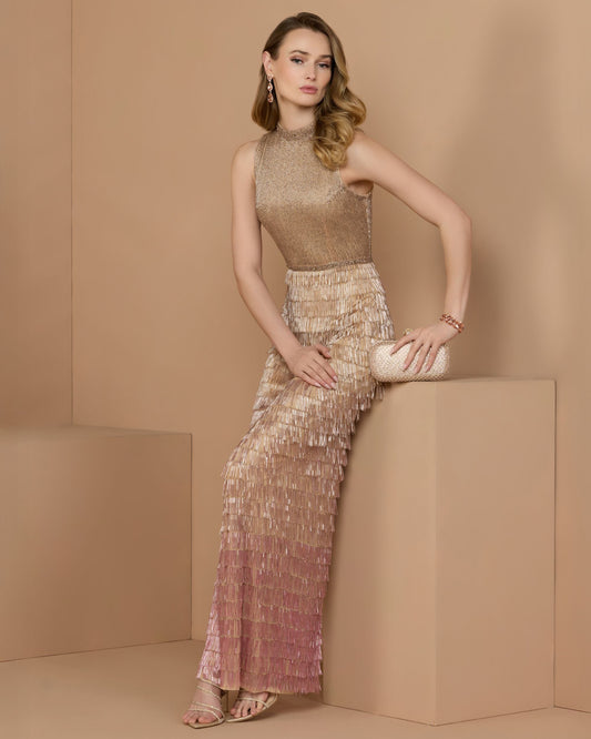 Beige Mock Neck Sleeveless Beaded Fringe Gown