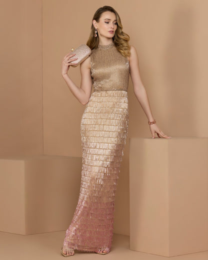 Beige Mock Neck Sleeveless Beaded Fringe Gown