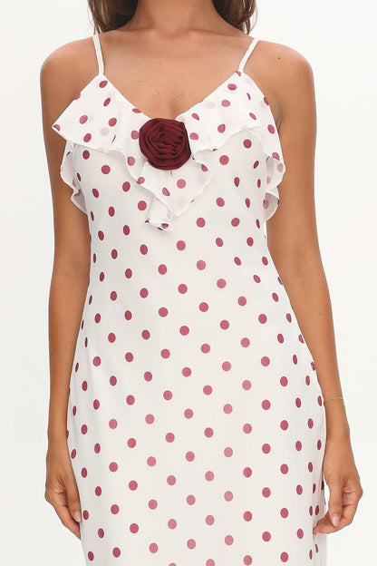 Bellissa Ruffle Bust Maxi Dress Polka Dot Red