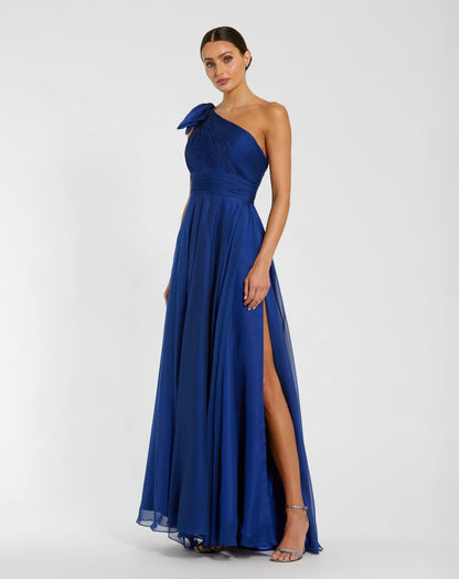 Blue Sleeveless One Shoulder Pleated Gown