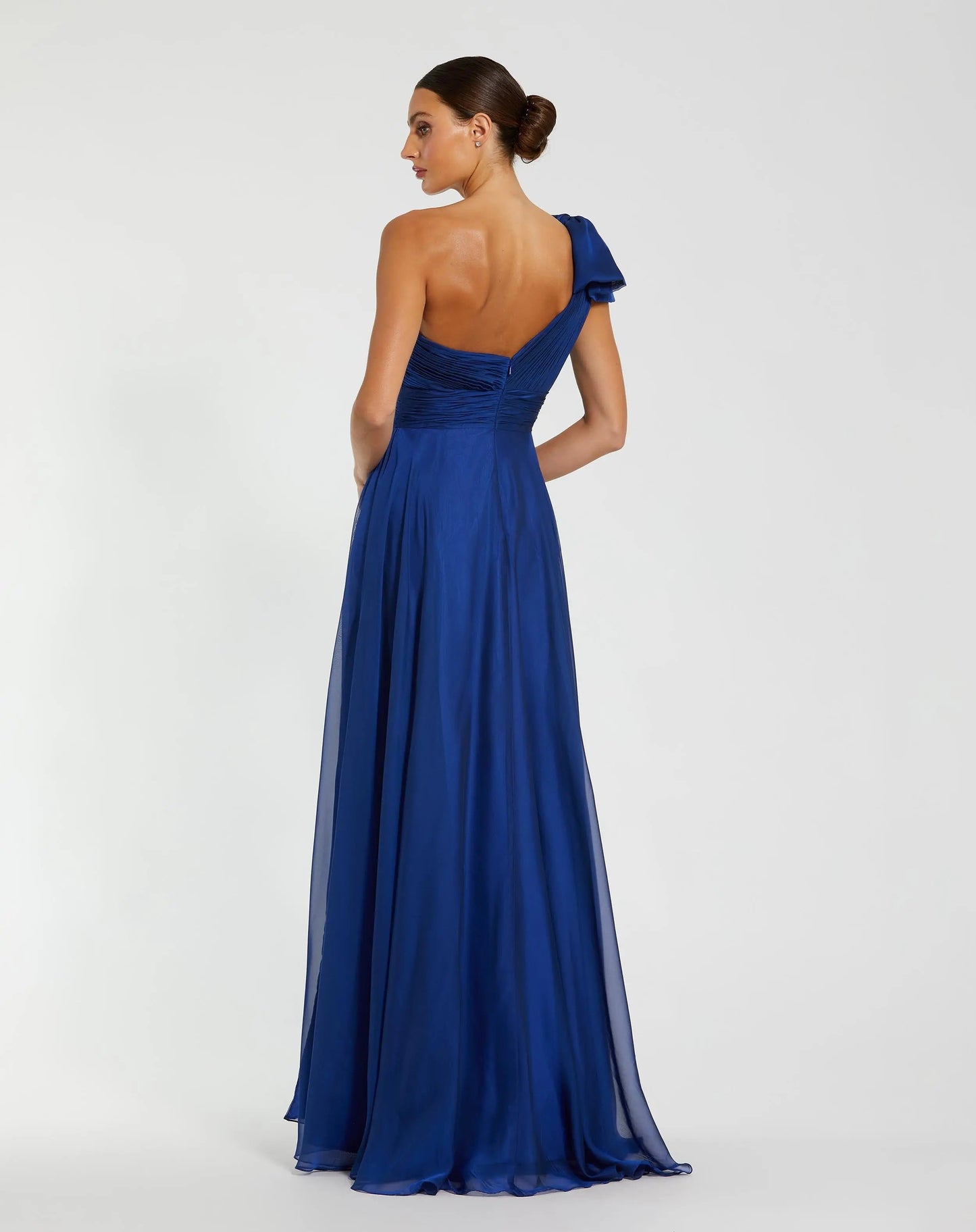 Blue Sleeveless One Shoulder Pleated Gown