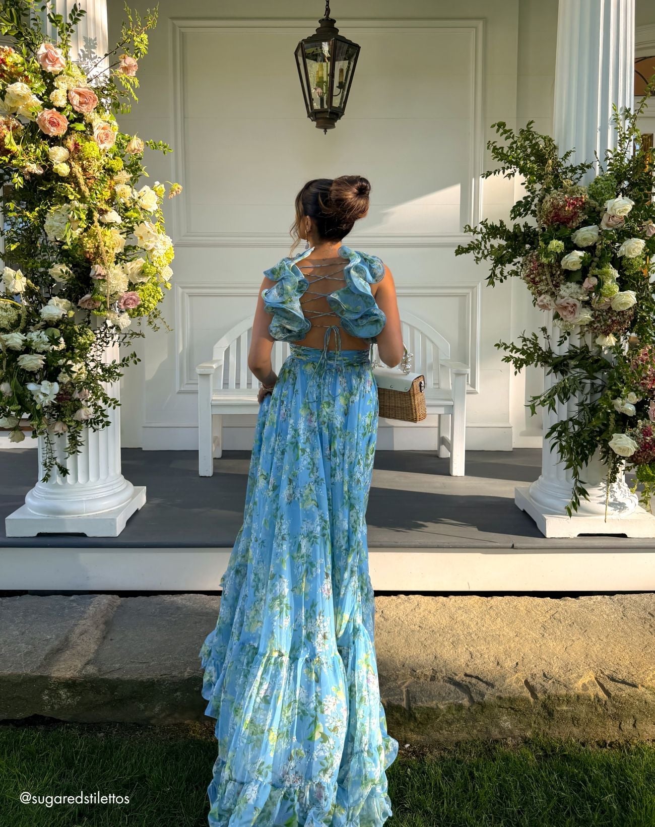 Blue Ruffle Tiered Floral Cut-Out Chiffon Gown