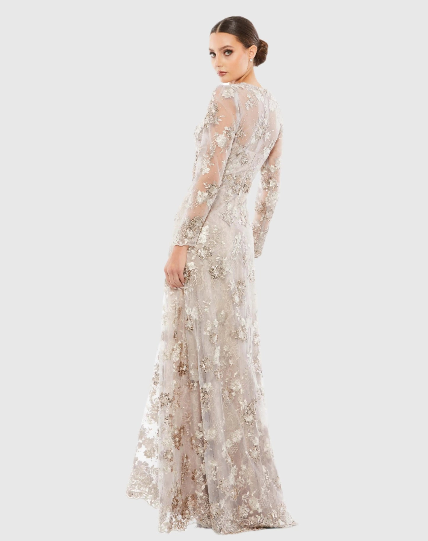 Beige Floral Embroidered Illusion Long Sleeve Evening Gown