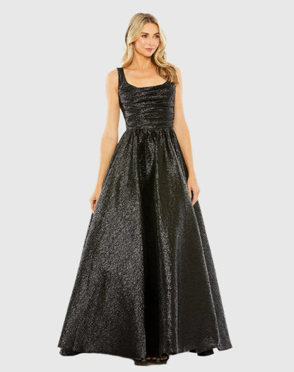 Black Metallic Pleated Bodice Ball Gown