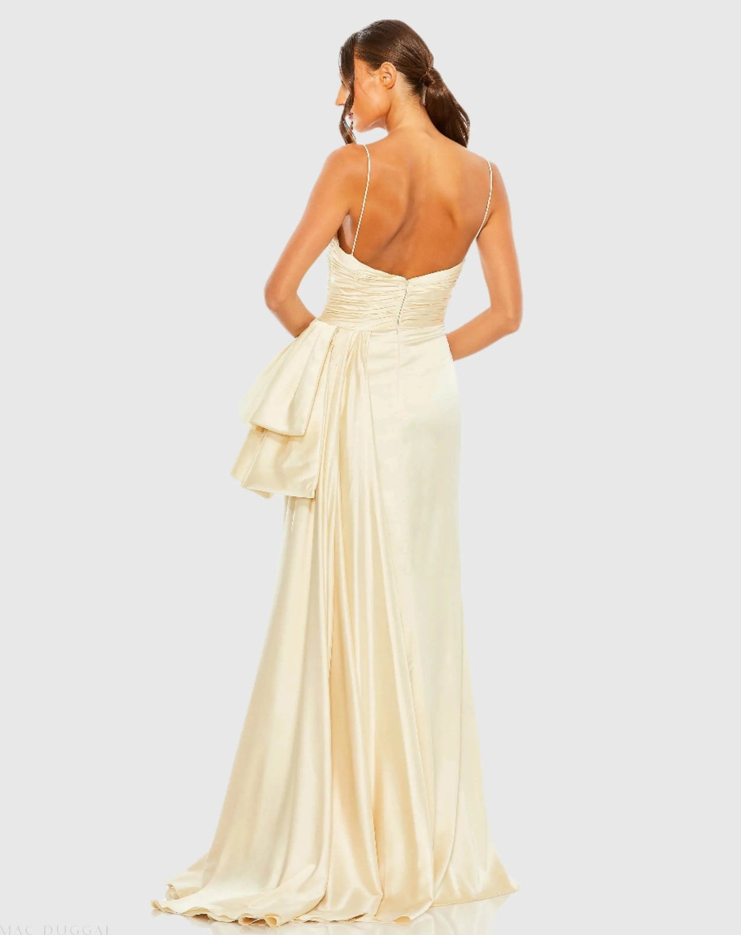 Beige Spaghetti Strap Cut Out Side Bow Gown - FINAL SALE