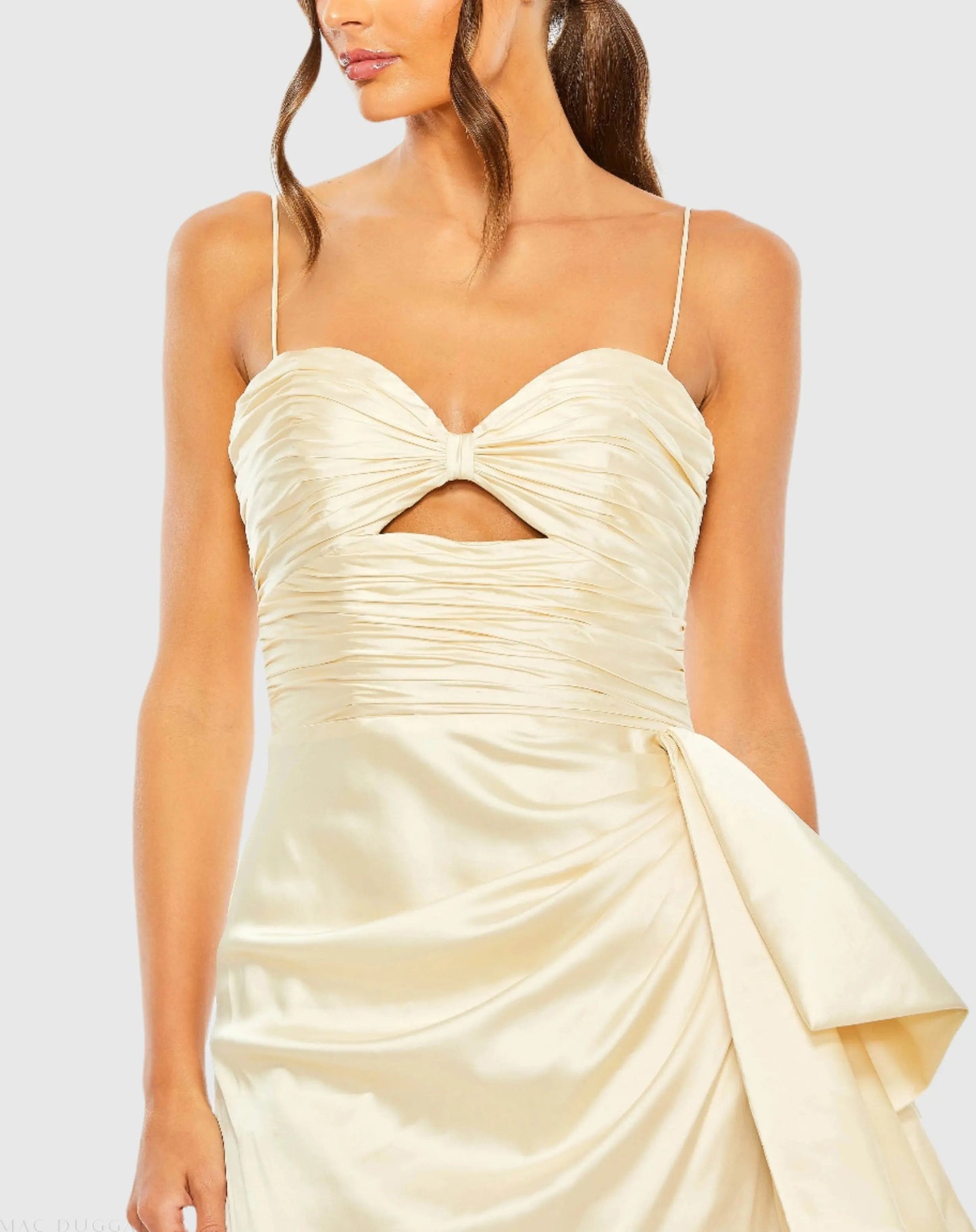 Beige Spaghetti Strap Cut Out Side Bow Gown - FINAL SALE