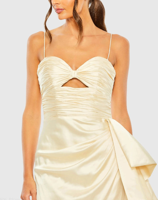 Beige Spaghetti Strap Cut Out Side Bow Gown - FINAL SALE