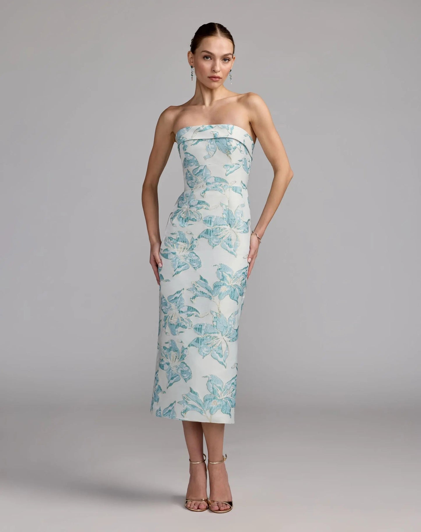 Blue and White Strapless Brocade Sheath Midi Dress