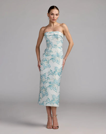 Blue and White Strapless Brocade Sheath Midi Dress