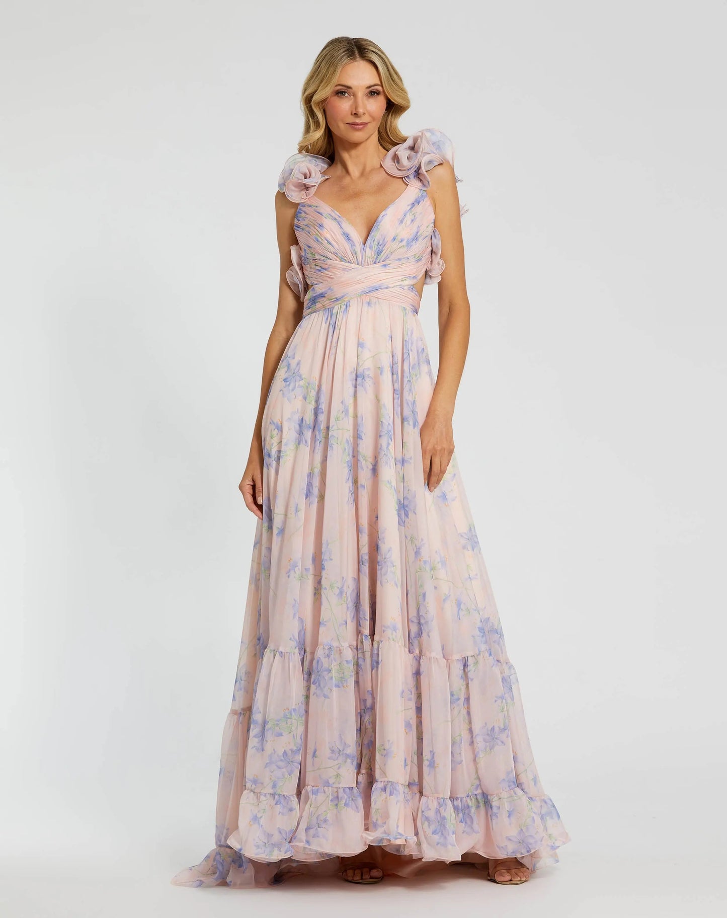 Light Pink Ruffle Tiered Cut-Out Chiffon Floral Gown
