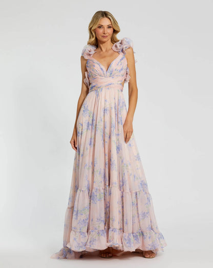 Light Pink Ruffle Tiered Cut-Out Chiffon Floral Gown