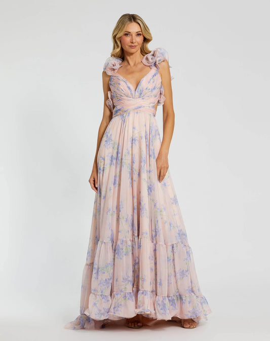 Light Pink Ruffle Tiered Cut-Out Chiffon Floral Gown