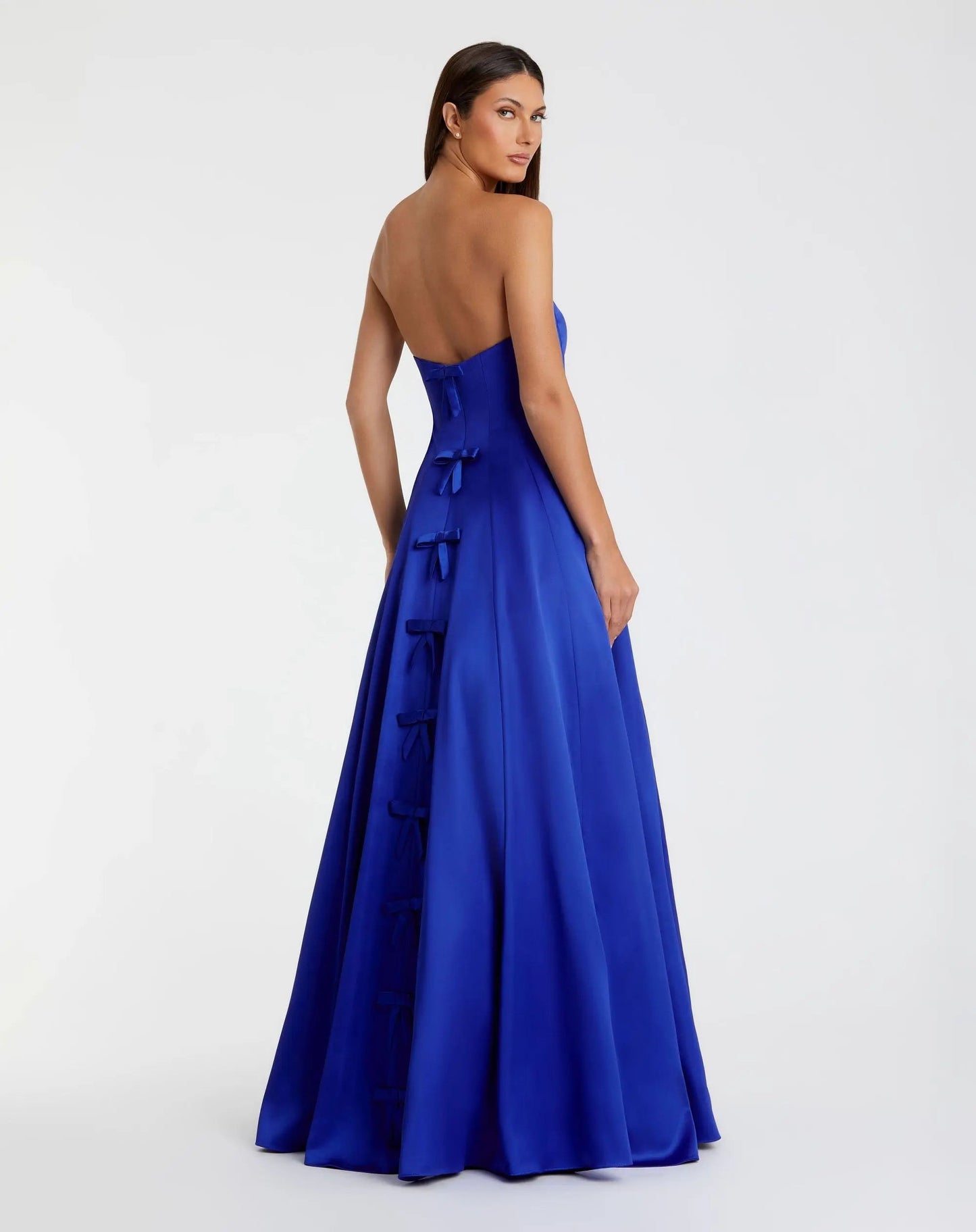 Blue Satin Strapless Ballgown With Bow Details