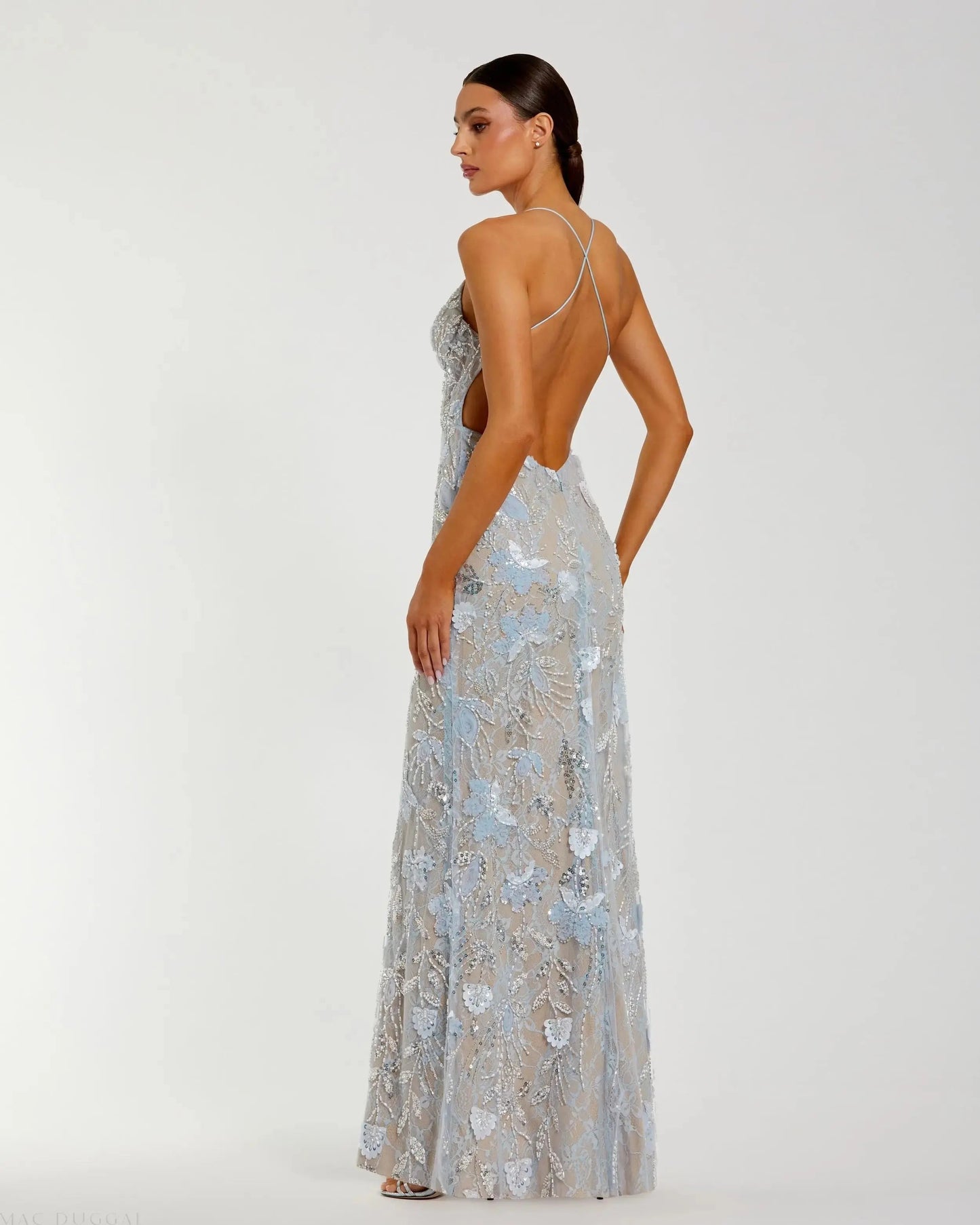 Blue Sleeveless Embellished Open Back Column Gown