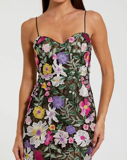 Black Floral Embroidered Sleeveless Bustier Gown
