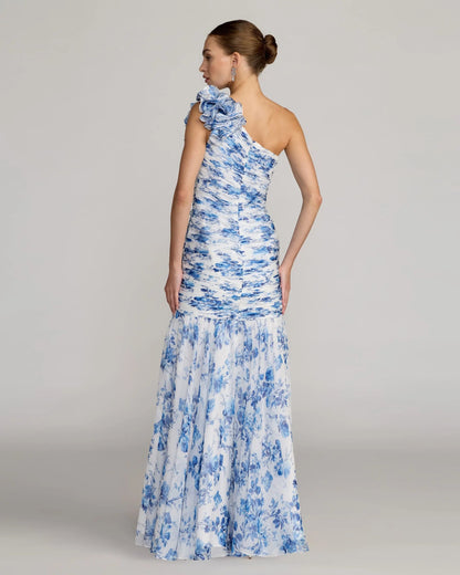 Blue Ruched Floral Chiffon Gown With 3D Ruffles