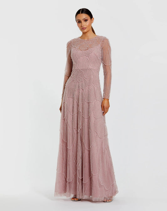 Beaded High Neck Long Sleeve A Line Gown