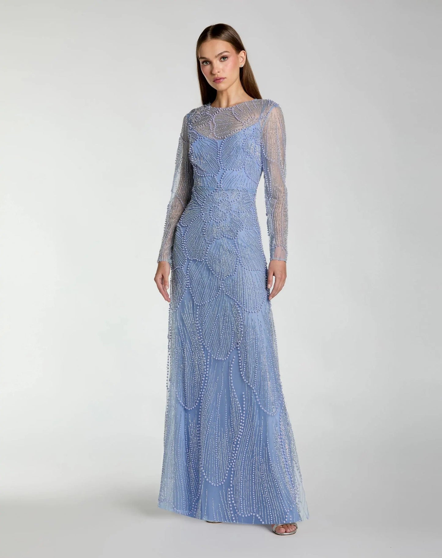 Blue Beaded High Neck Long Sleeve A Line Gown