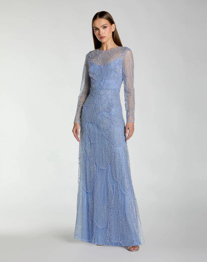 Blue Beaded High Neck Long Sleeve A Line Gown