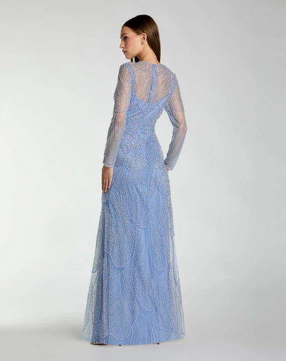 Blue Beaded High Neck Long Sleeve A Line Gown
