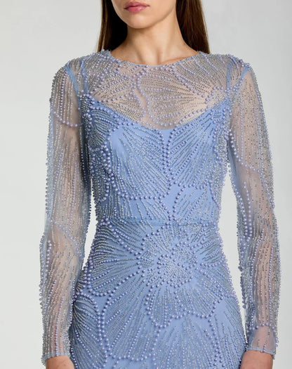Blue Beaded High Neck Long Sleeve A Line Gown