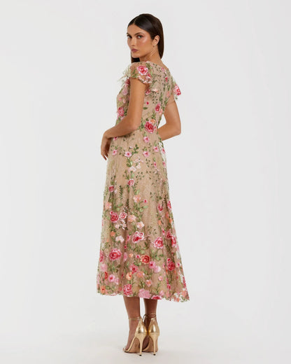 Beige Floral Embroidered Flutter Sleeve Midi Dress
