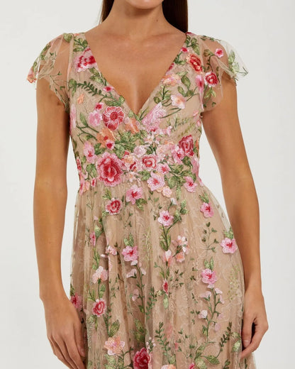 Beige Floral Embroidered Flutter Sleeve Midi Dress