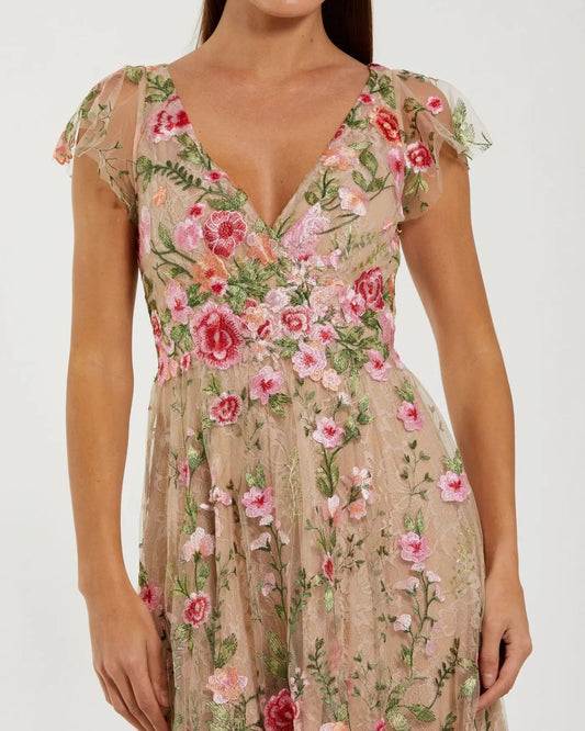 Beige Floral Embroidered Flutter Sleeve Midi Dress