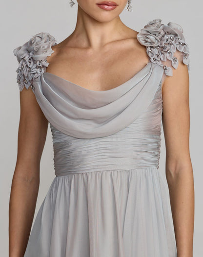 Gray Chiffon Cowl Neck Embellished Cap Sleeve Gown
