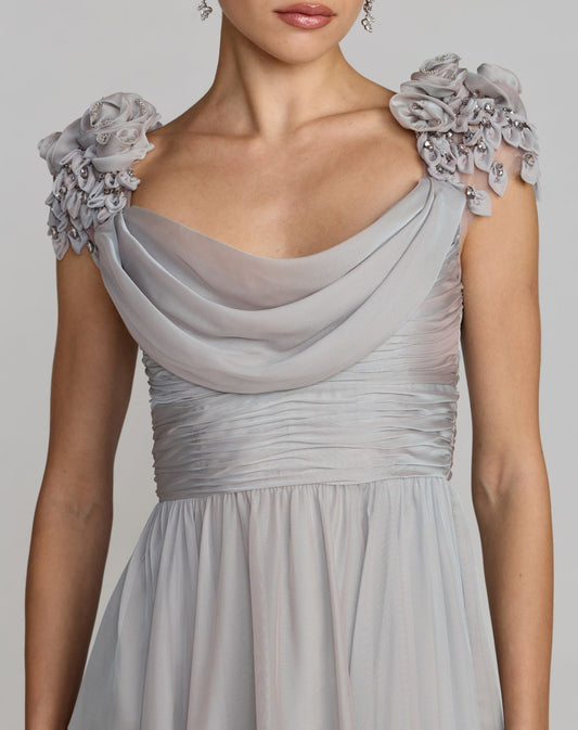 Gray Chiffon Cowl Neck Embellished Cap Sleeve Gown