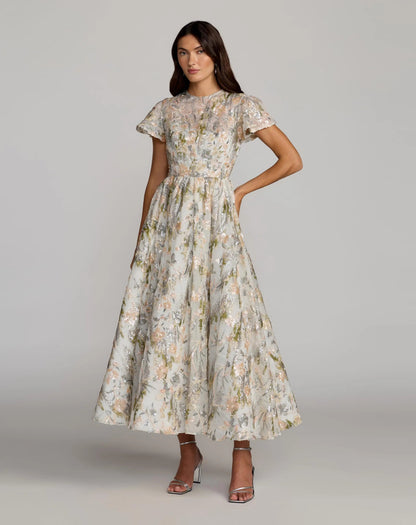 Ivory Flutter Sleeve Sequin A-Line Midi Dress