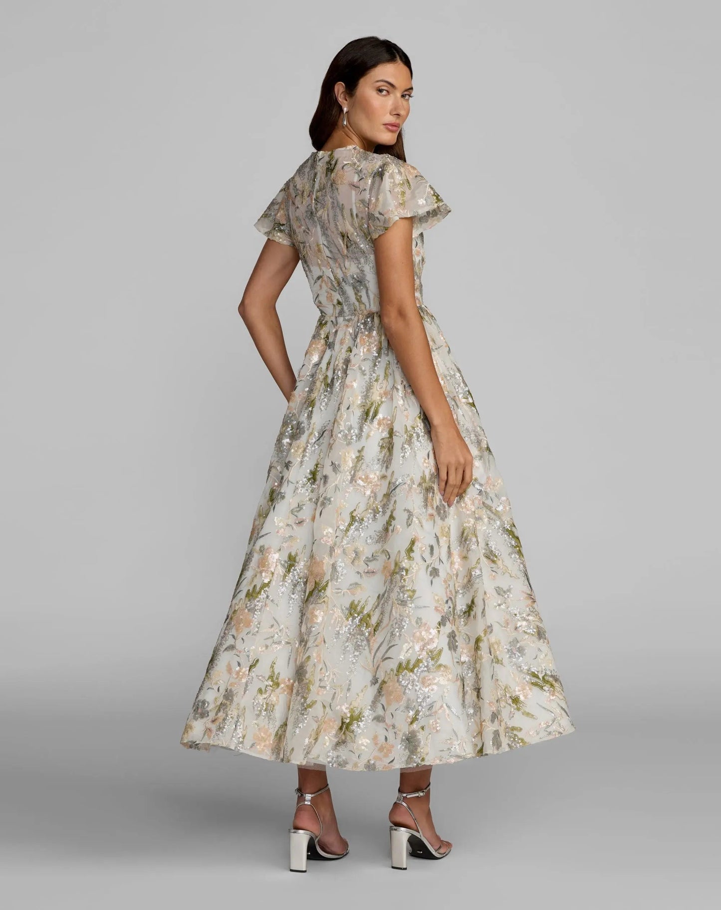 Ivory Flutter Sleeve Sequin A-Line Midi Dress