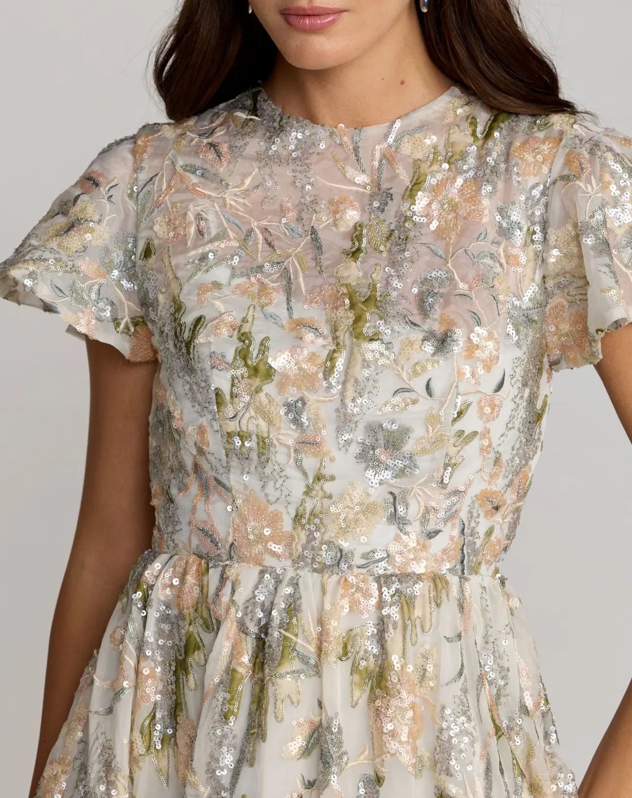 Ivory Flutter Sleeve Sequin A-Line Midi Dress