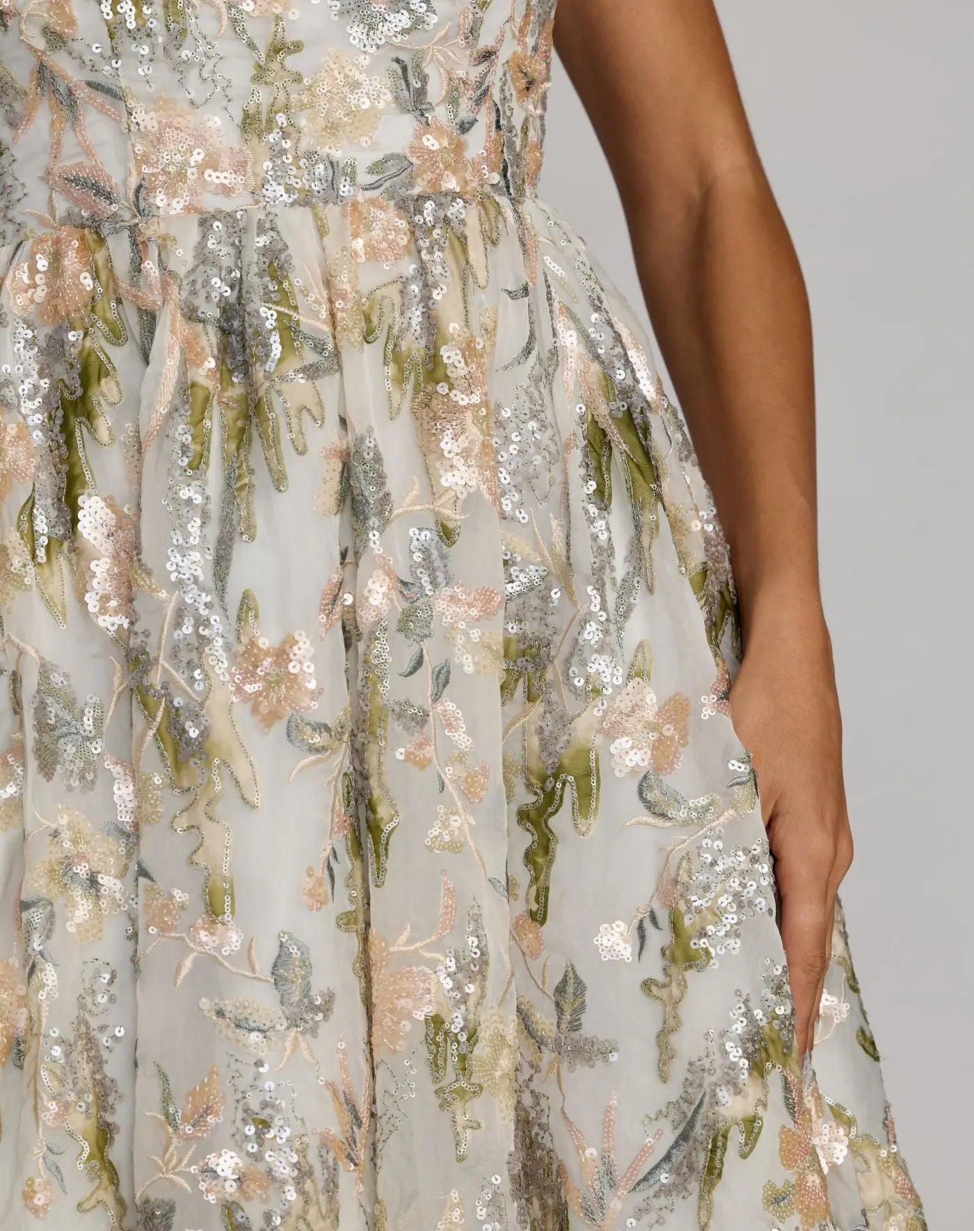 Ivory Flutter Sleeve Sequin A-Line Midi Dress