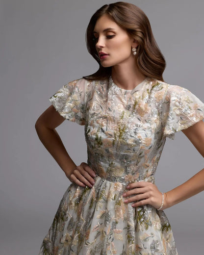 Ivory Flutter Sleeve Sequin A-Line Midi Dress