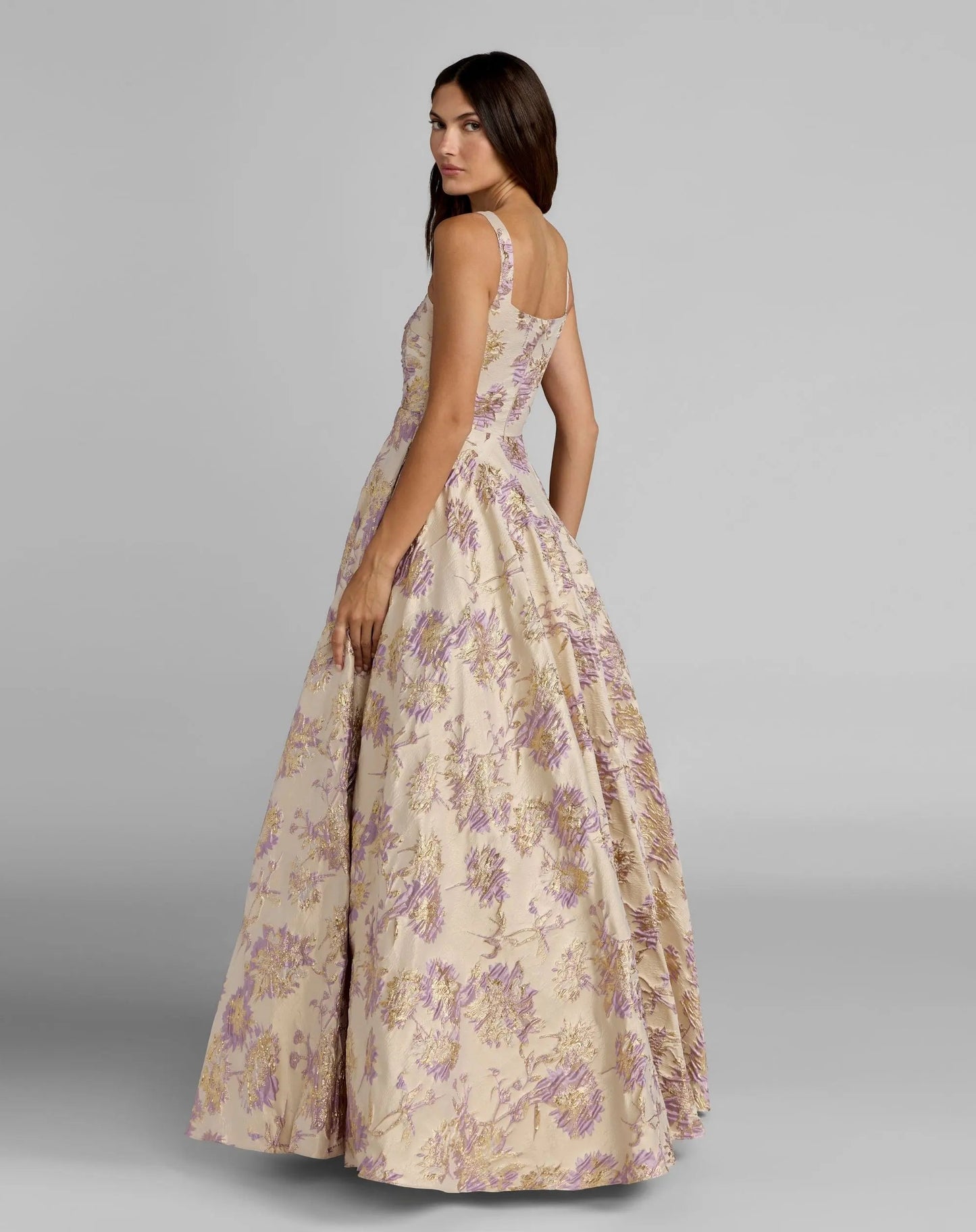 Beige Sleeveless Square Neck Brocade Ball Gown