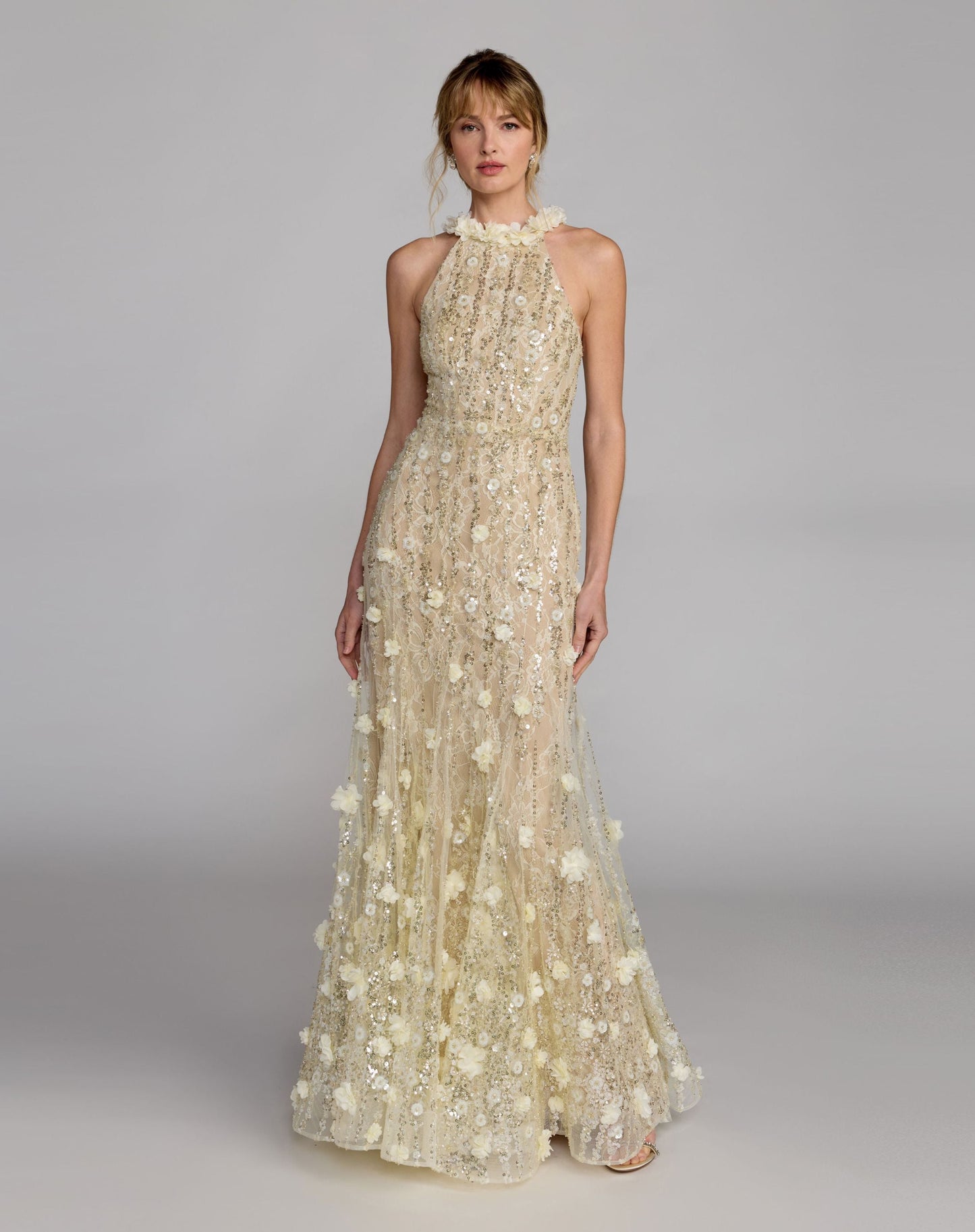 Beige Embellished Lace Halter Neck Mermaid Gown