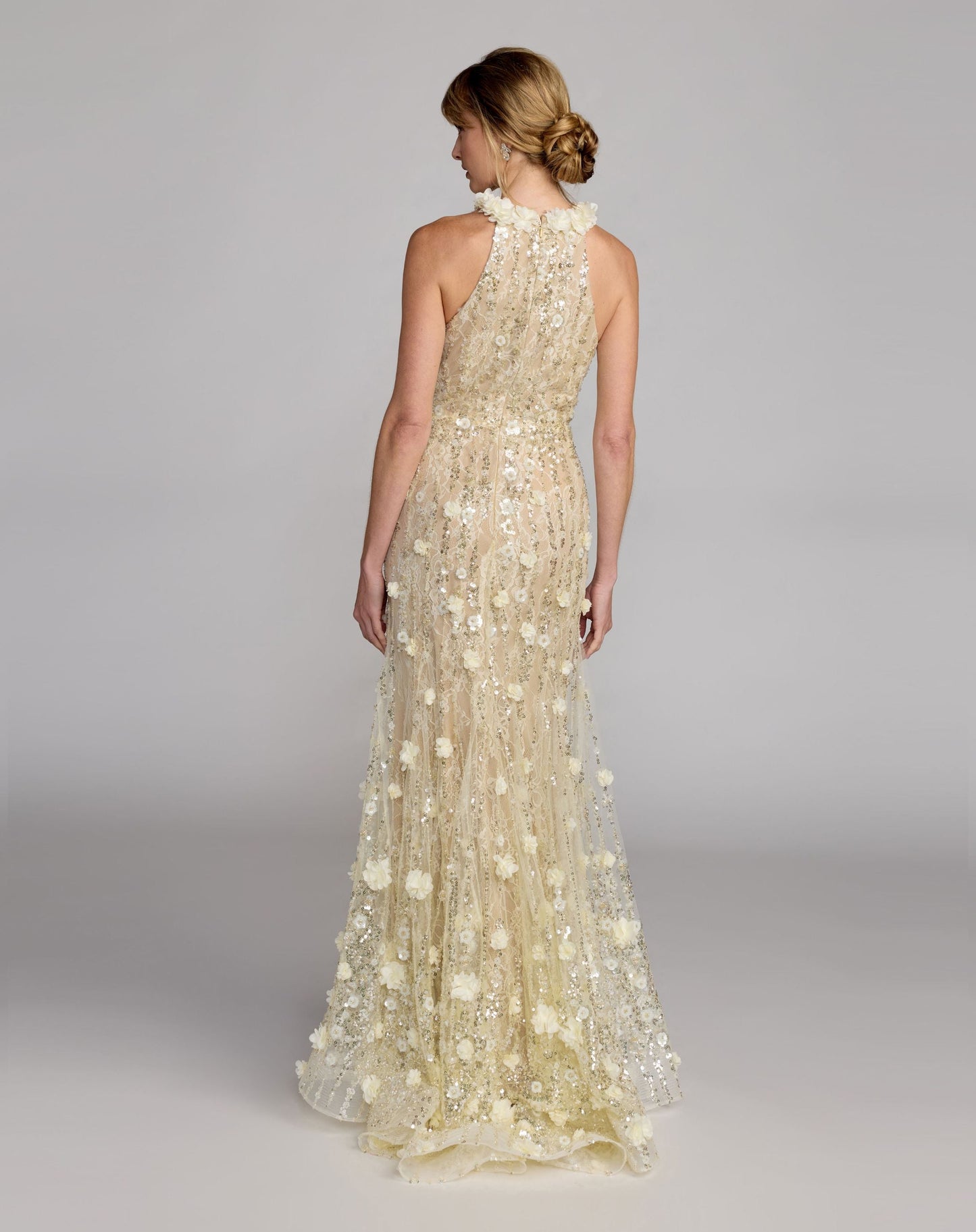 Beige Embellished Lace Halter Neck Mermaid Gown
