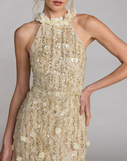 Beige Embellished Lace Halter Neck Mermaid Gown