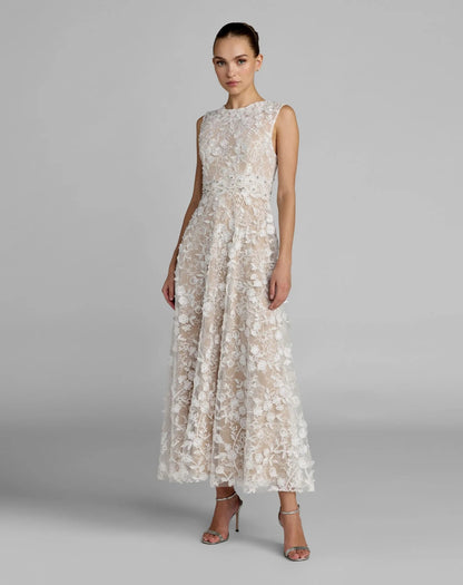 Ivory Floral Embroidered High Neck Midi Dress