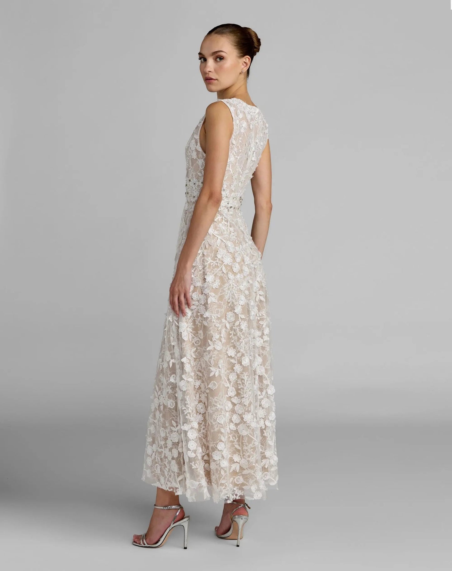Ivory Floral Embroidered High Neck Midi Dress