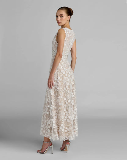 Ivory Floral Embroidered High Neck Midi Dress